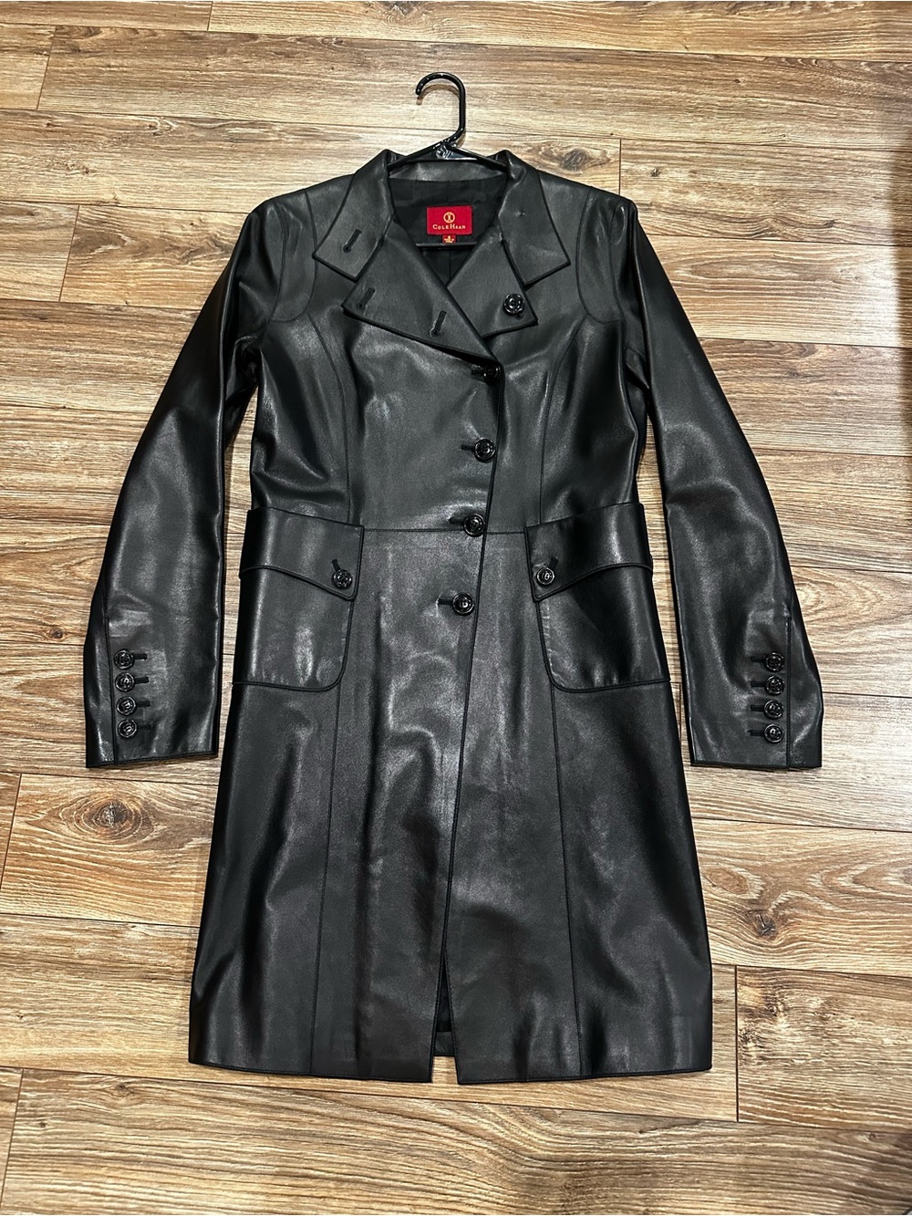 Gorgeous Cole Haan Black Lambskin sleek Trench Coat. Size 4 Buttery Soft